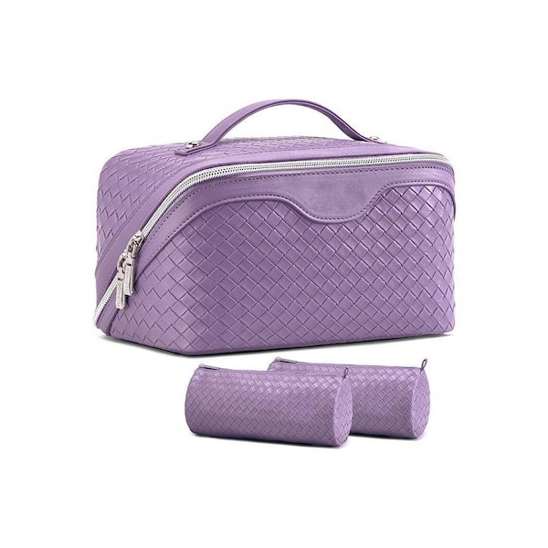 Purple Large Capacity Luggage Makeup Toiletry Bag w Compartments Waterproof Vegan Leather Includes 2 Small Cosmetic Bags