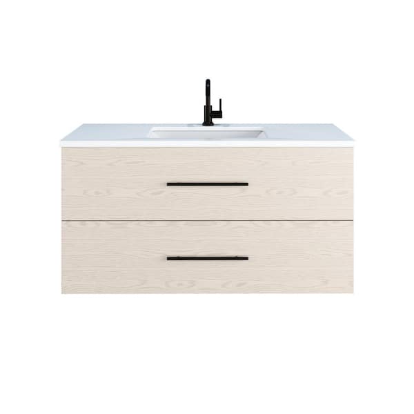 Napa 48" W x 22" D x 21-3/8" H Single Sink Bathroom Vanity Wall Mounted in Natural Oak with White Quartz Countertop