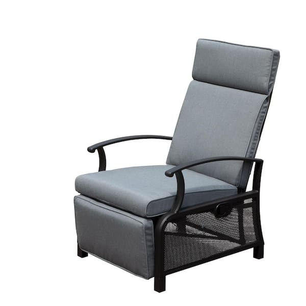 Unbranded Black Metal Outdoor Chaise Lounge with Gray Cushions, with Flip Table Push Back, Adjustable Angle