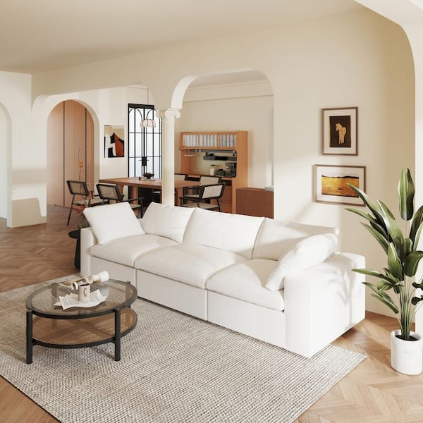 Spacious 118 in. Square Arm Linen 3-Piece Down Filled Cloud Modular Sectional Sofa Couch with Washable Covers in White