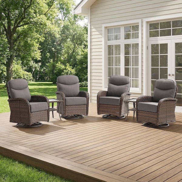 Moonridge 6-Piece Brown Wicker Patio Conversation Set with 6 in. Olefin Gray Cushions/Patio Swivel Chair with Table