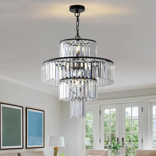 12-Light 4-Tier Round Black Luxury Crystal Chandelier for Living Room with No Bulbs Included