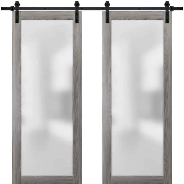 Sartodoors 48 in. x 80 in. Full Lite Frosted Glass Gray Finished Solid Pine Wood Sliding Barn Door with Hardware Kit
