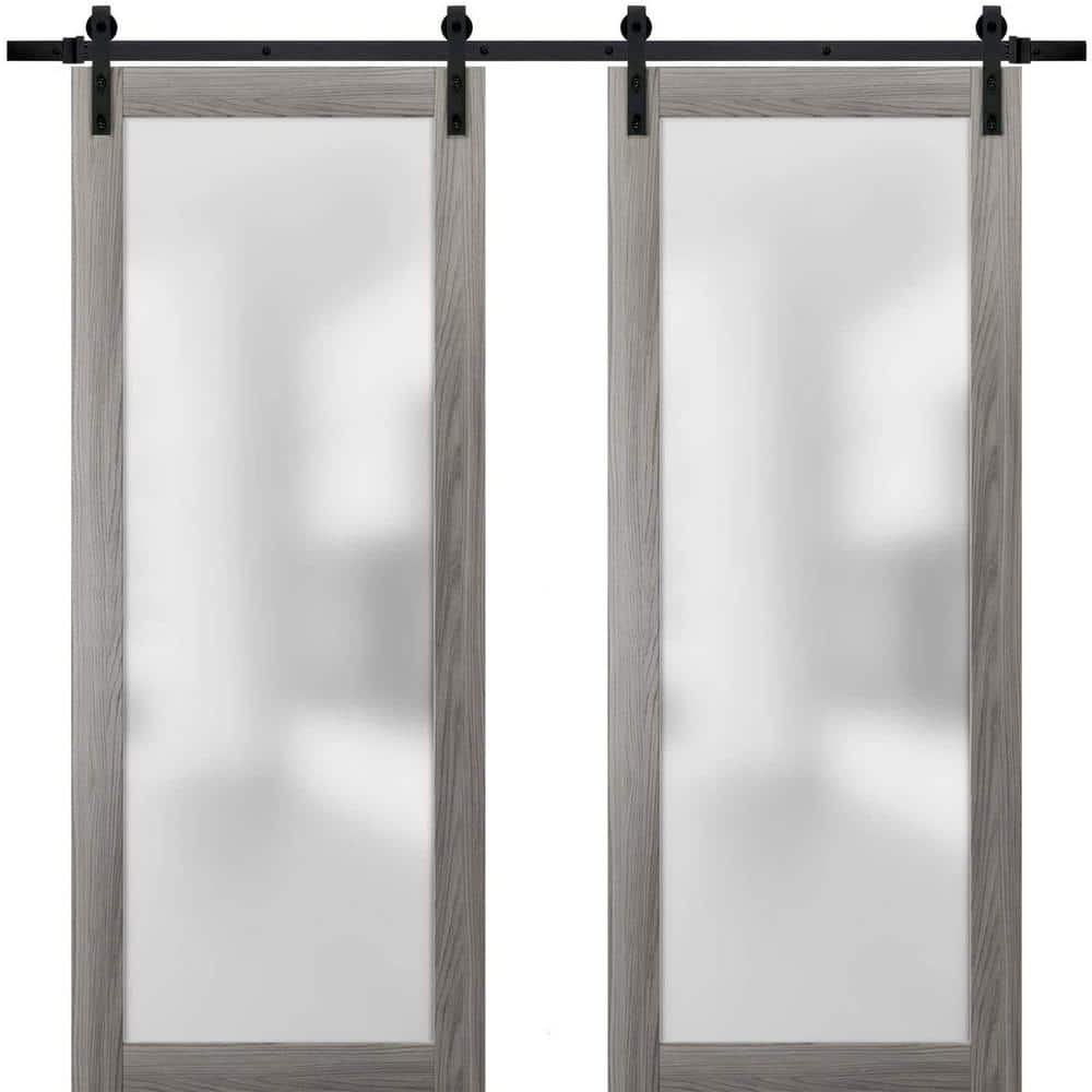 Gray Solid Pine Wood Sliding Barn Doors with Frosted Glass Panels