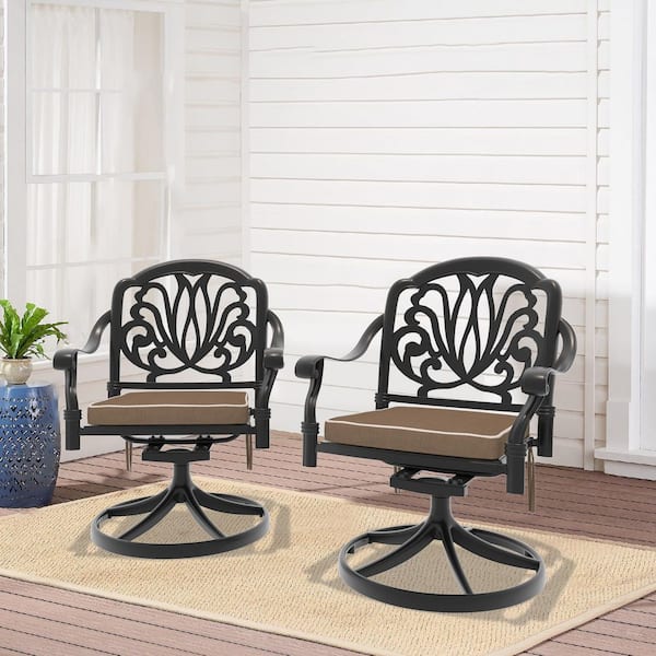 Elizabeth Swivel Cast Aluminum Patio Outdoor Dining Chair with Brown Cushions (2-Pack)