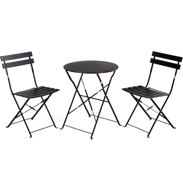 Black 3-Piece Folding Outdoor Bistro Set, Metal Chairs and Round Coffee Table, Portable for Patio, Proch, Balcony