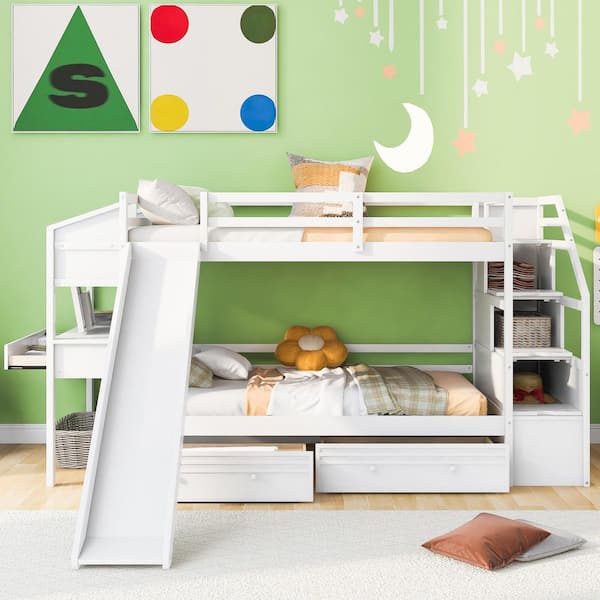 White Twin Bunk Bed with Staircase, Slide and Desk