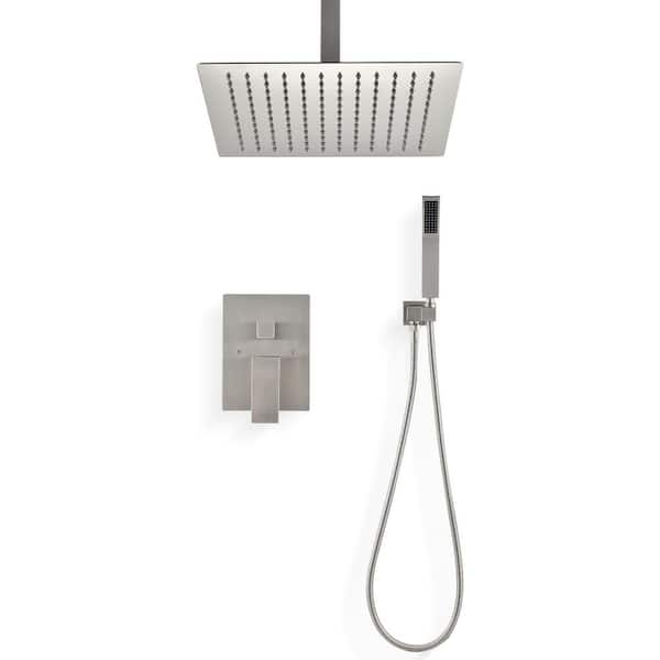 Unbranded Single Handle 2-Spray Ceiling Mount 10 in. Shower Faucet 2 GPM with High Pressure in Brushed Nickel (Valve Included)