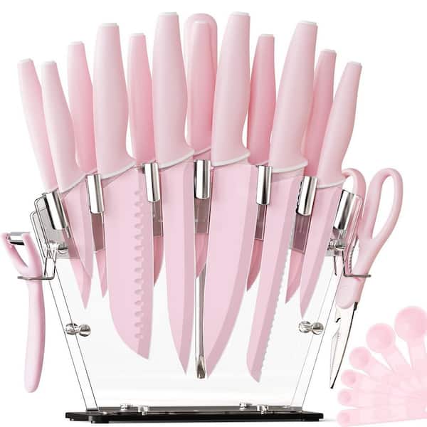 22-Piece Pink Stainless Steel Kitchen Knife Set with Clear Knife Block and Sharpener for Everyday Home Cooking