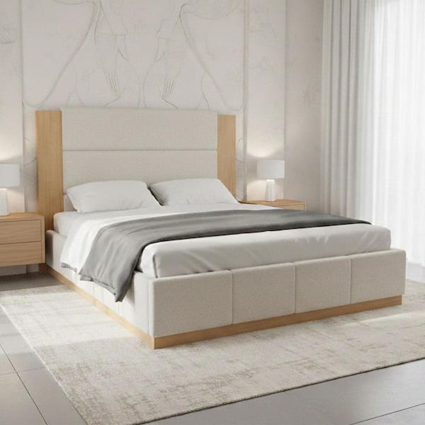 Thora Minimalist Modern White Wood Frame Queen Size Platform Bed with Velvet Upholstered Headboard, Wood Base