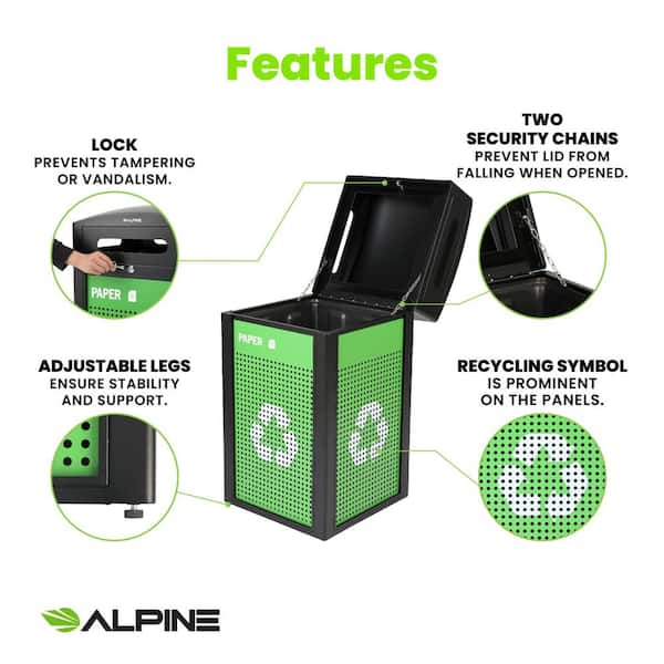 40 Gal. Steel Green All-Weather Vented Trash Can Commercial Outdoor Recycling Bin with Lid and Graphics Insert Liner
