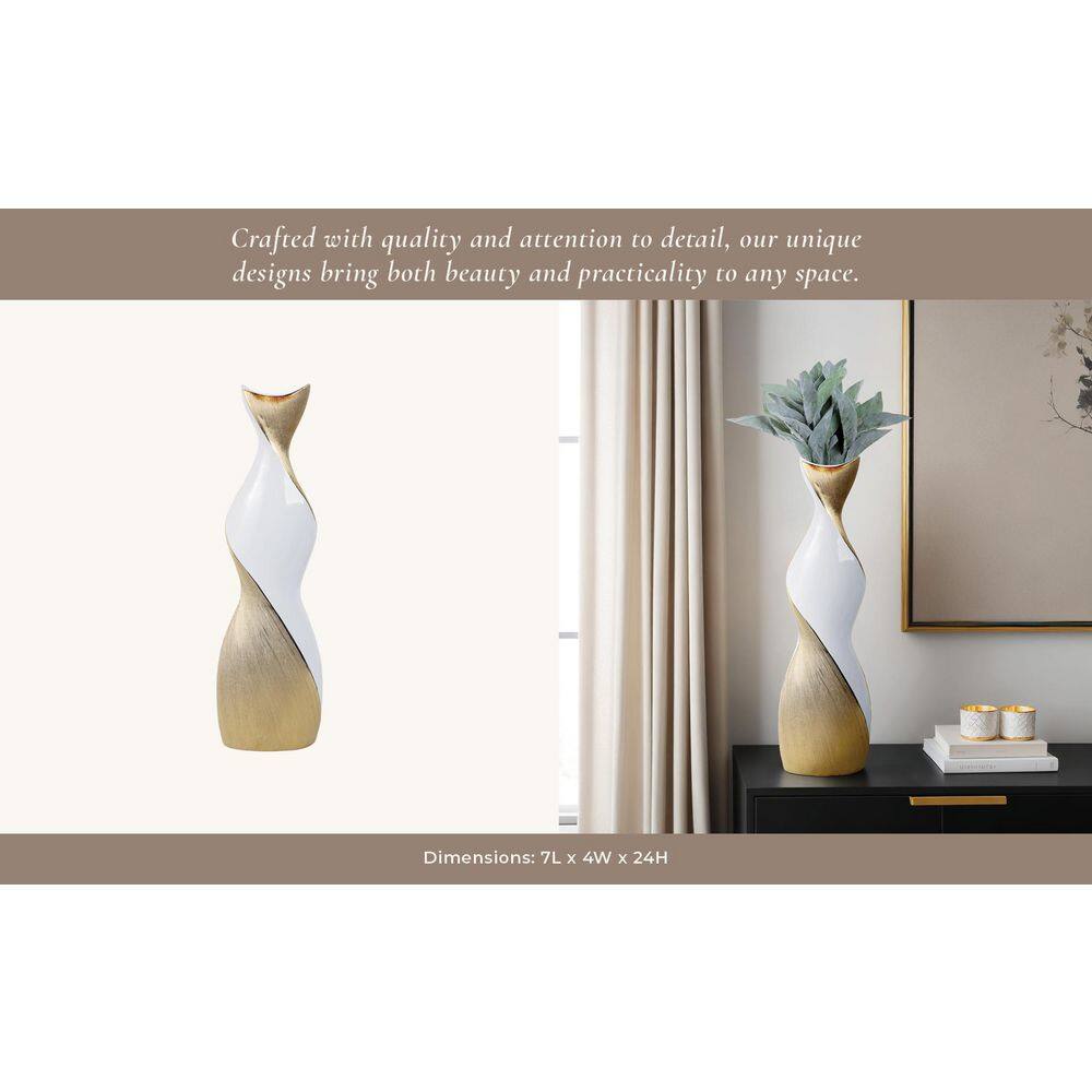24" Twisted White and Gold Ceramic Vase