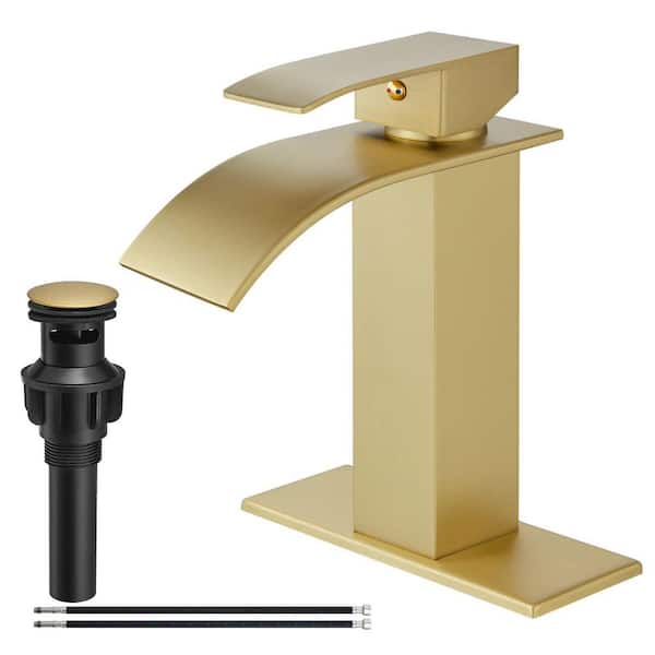 MTTCLE Single Handle Single Hole Waterfall Spout Bathroom Sink Faucet with Pop up Drain in Brushed Gold