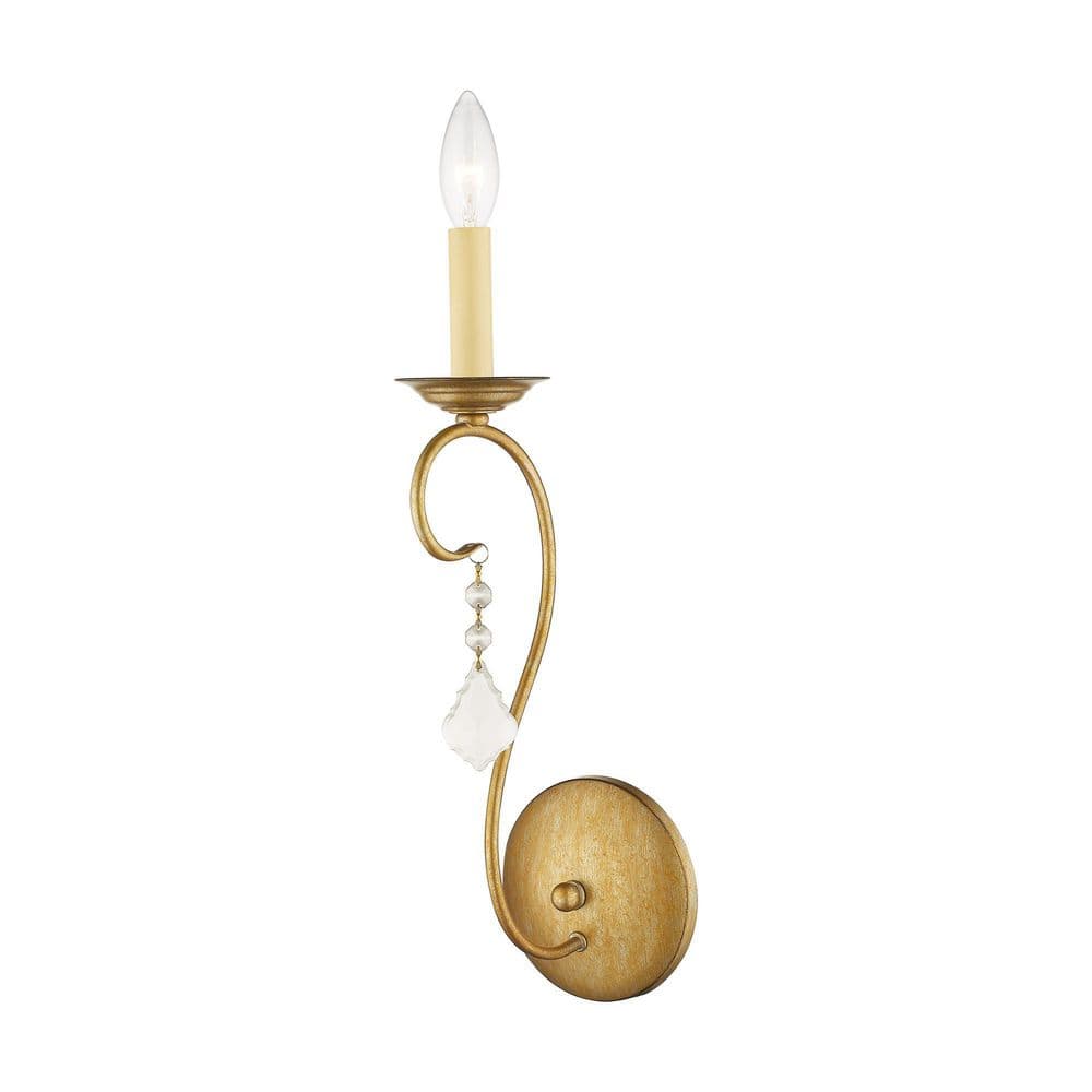 Antique Gold Leaf Single-Light Sconce with Crystal Accents