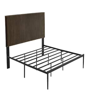 Brown Frame King Platform Bed with, Beautiful Line Stripe Cushion Headboard Iron Frame with High Temperature Paint