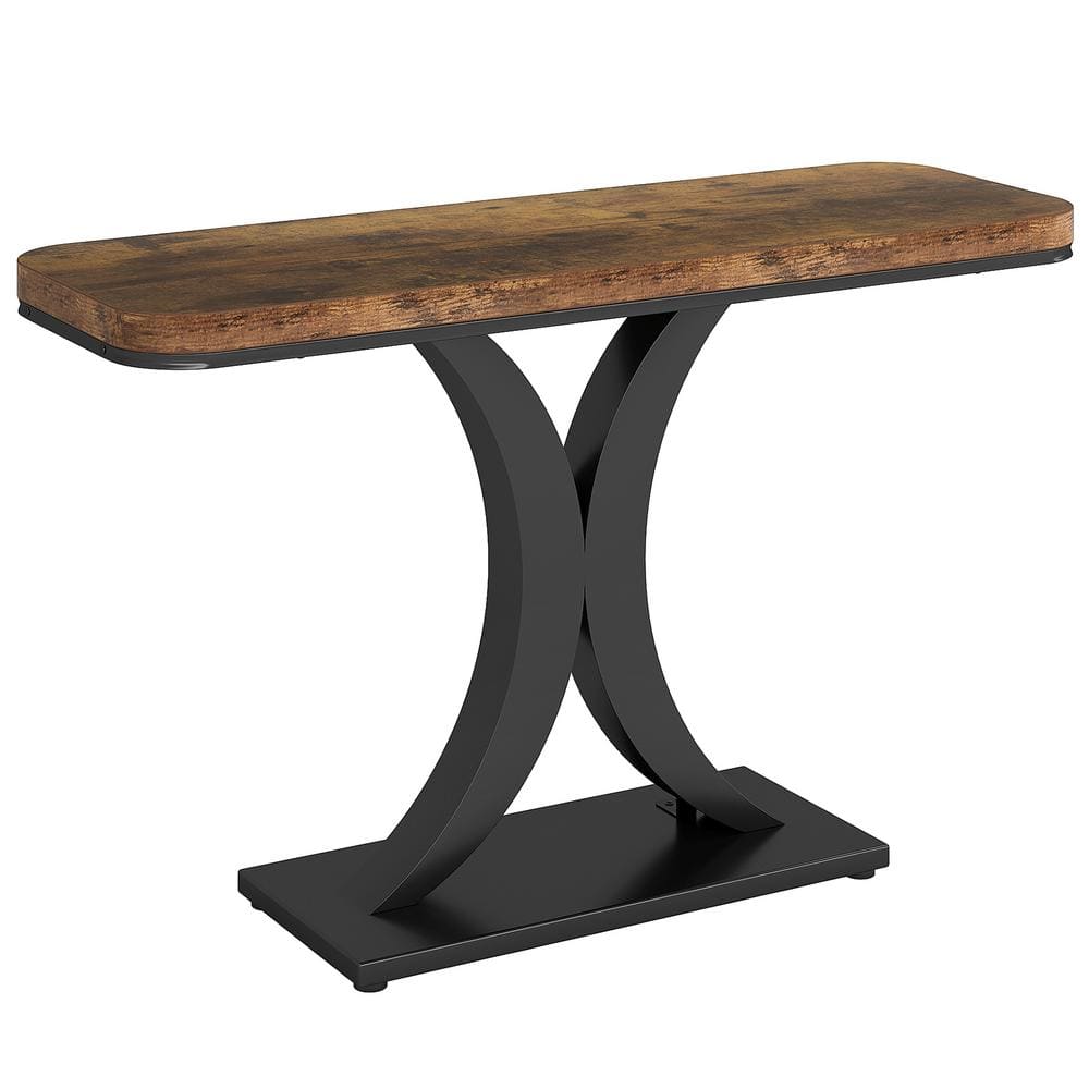 Rustic Brown and Black 40" Console Table with Geometric Metal Base