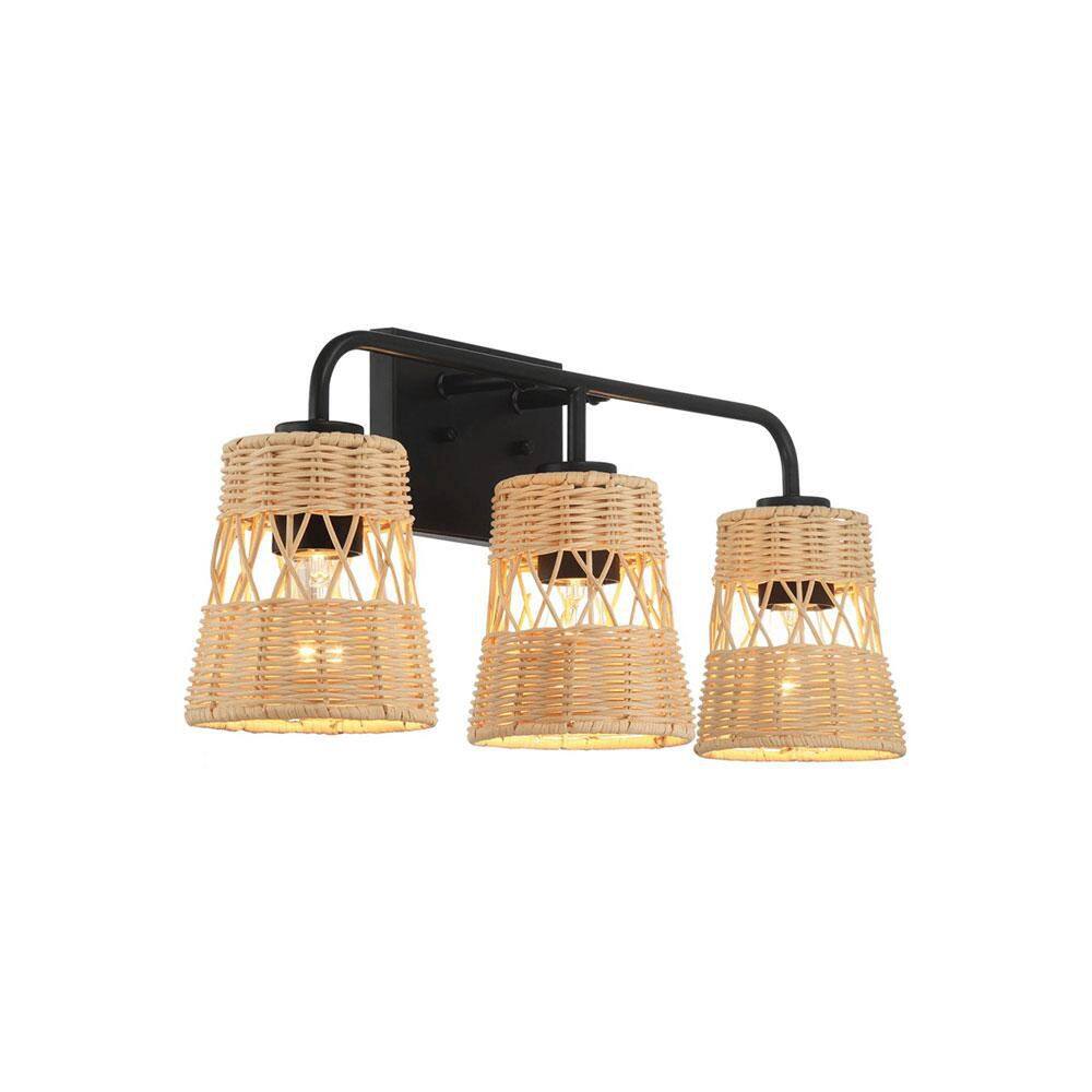 22 in. Black 3-Light Wall Sconce with Rattan Shade, Bathroom Vanity Light Fixture for Over Mirror Mounting Wall Lighting price history on PriceWatchPro