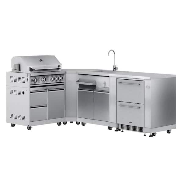 Outdoor Kitchen with 30 in. BBQ Grill and Cabinet, Corner, Sink, and Refrigerator with Cabinet in Stainless Steel
