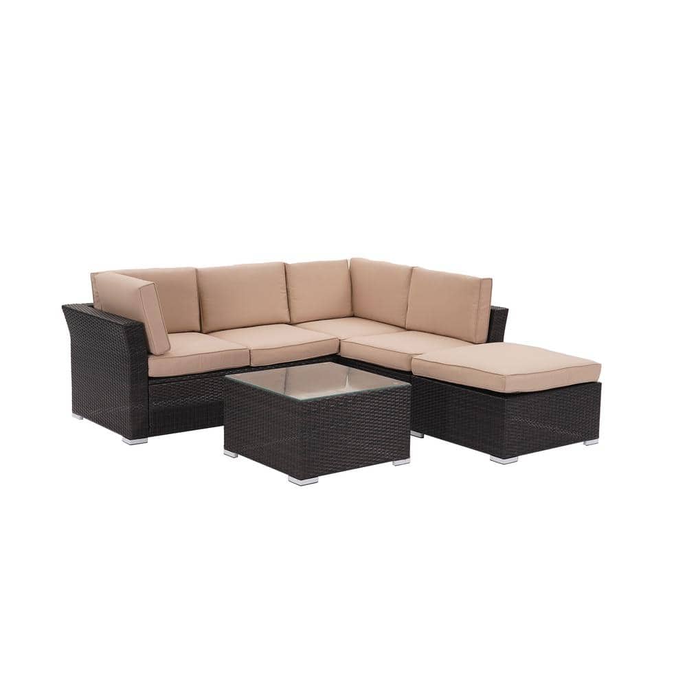4-pieces PE Wicker Outdoor Sectional with Tan Cushions