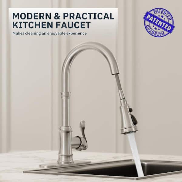 Single Handle 3 Spray High Arc Pull Down Sprayer Kitchen Faucet with Deck Plate in Brushed Nickel