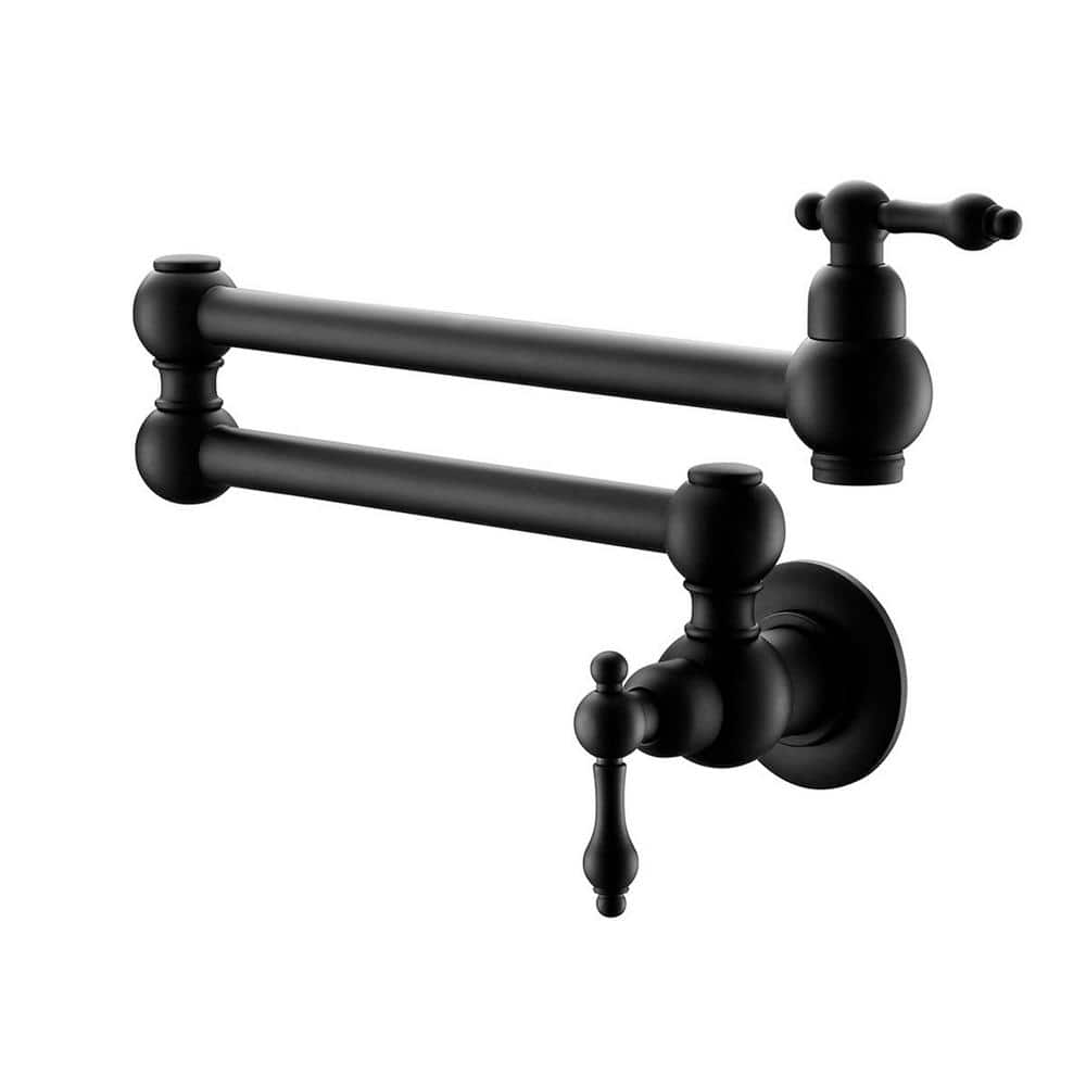  Modern Brass Wall Mounted Pot Filler Faucet with Double Joint Swing Arms and Dual Handles in Matte Black