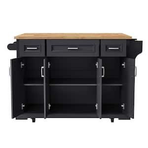 Rustic Coastal Black Wood 54 in. Rubber Wood Drop Leaf Rolling Kitchen Island with 4-Door and 3-Drawer