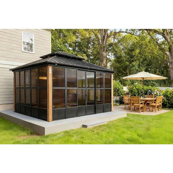 Hardtop Gazebo 12 ft. x 14 ft. Brown Aluminum Sunroom Gazebo with Double Top, Mesh Screens and 24 Lights