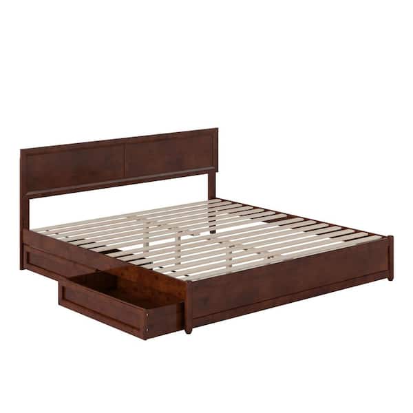 Lylah Walnut Brown Solid Wood Frame King Platform Bed with Panel Footboard and Storage Drawers