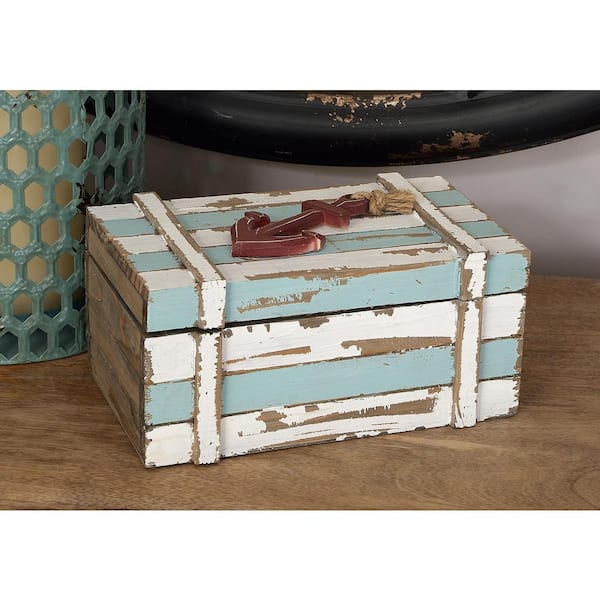 Litton Lane Rectangle Wood Box with Anchor Detail and Hinged Lid (Set of 2)