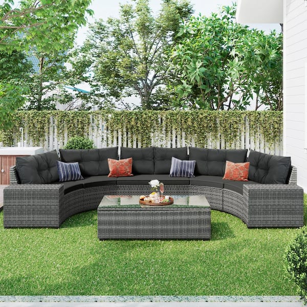 waelph 8-pieces Wicker Outdoor Sectional Set with Rectangular Coffee Table and Movable Gray Cushion