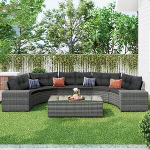 8-pieces Wicker Outdoor Sectional Set with Rectangular Coffee Table and Movable Gray Cushion