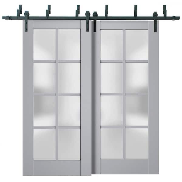 64 in. x 80 in. 2 Panel Frosted Glass Matte Grey Solid Wood Sliding Barn Door with Hardware Kit