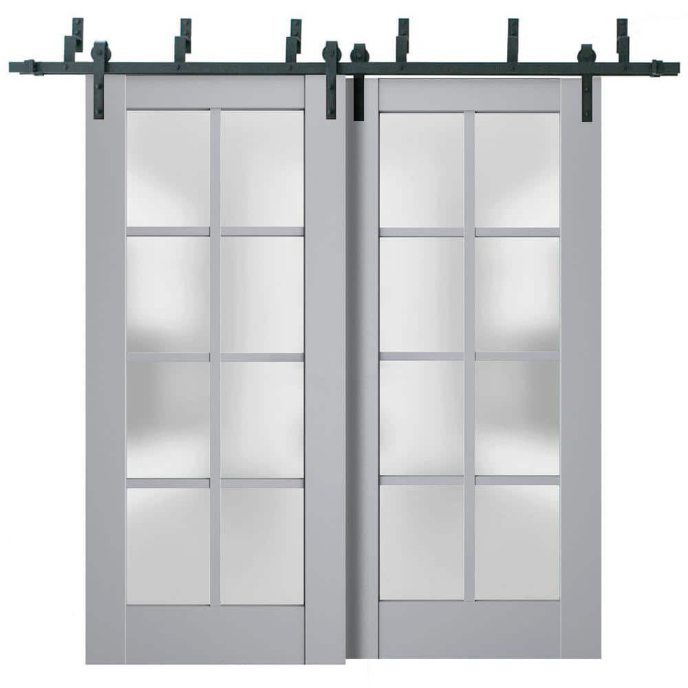 84 in. x 84 in. 2 Panel Frosted Glass Matte Grey Solid Wood Sliding Barn Door with Hardware Kit price history on PriceWatchPro