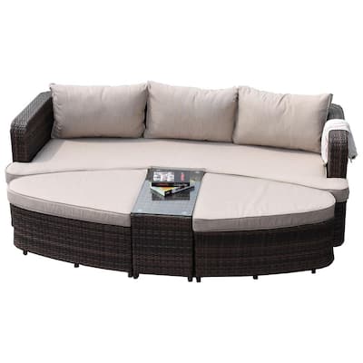 Alysa Brown 4-Piece Wicker Outdoor Patio Furniture Day Bed with Beige Cushions
