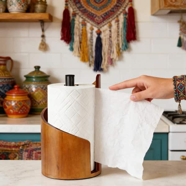 10.23 in. x 6.53 in. Natural Mango Wood Round Base and Iron Paper Towel Holder for Kitchen Roll Organize Home, Brown