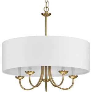 Drum Shade 5-Light Brushed Bronze White Fabric Shade New Traditional Chandelier Light