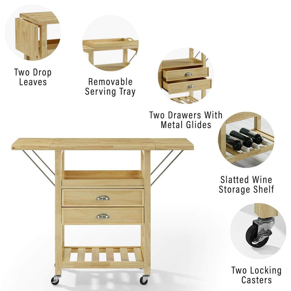 Bristol Natural Wood Drop-Leaf Kitchen Cart with Storage