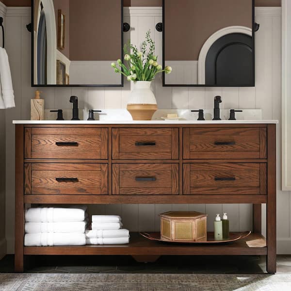 Tolbrook 60 in. Double Sink Brown Oak Bath Vanity with White Engineered Stone Top (Assembled)