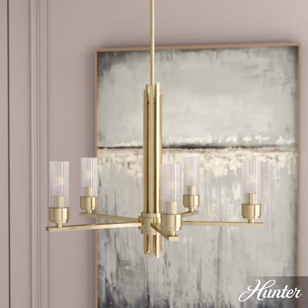 Hunter Gatz 5-Light Alturas Gold Candlestick Chandelier with Ribbed Glass Shades
