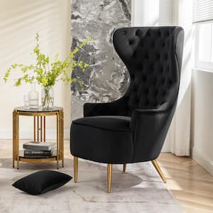 Black Velvet Wingback Chair with Tufted Cushions (Set of 1)