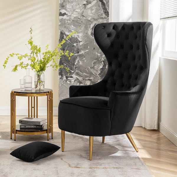 KINWELL Black Velvet Wingback Chair with Tufted Cushions (Set of 1)