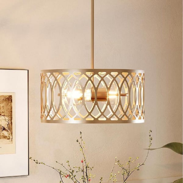 13 in. 2-Light Gold Modern Linear Pendant with Metal Drum Shade for Living Room, Kitchen, Foyer, No Bulbs Included