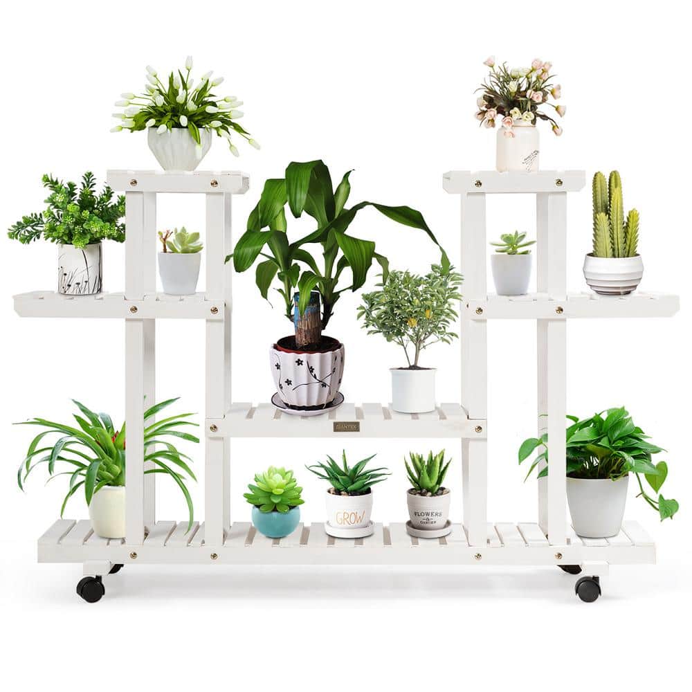 White 4-Tier Rolling Wood Plant Stand with Casters