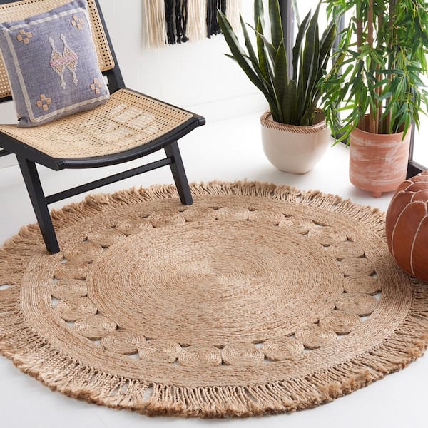 Natural Fiber Beige Doormat 3 ft. x 3 ft. Woven Ornate Round Area Rug