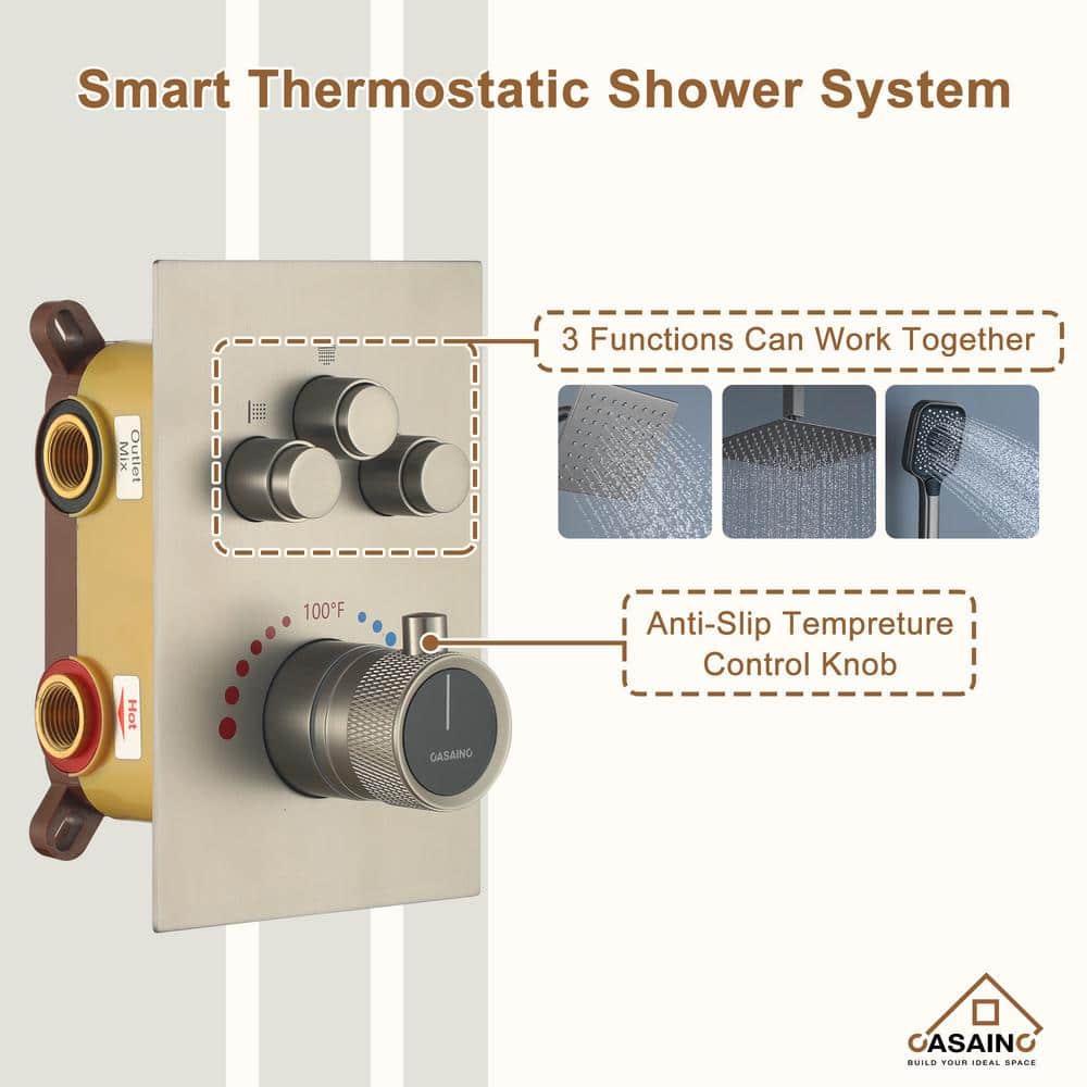 Brushed Nickel 12-Inch Dual Square Ceiling Mounted Shower System