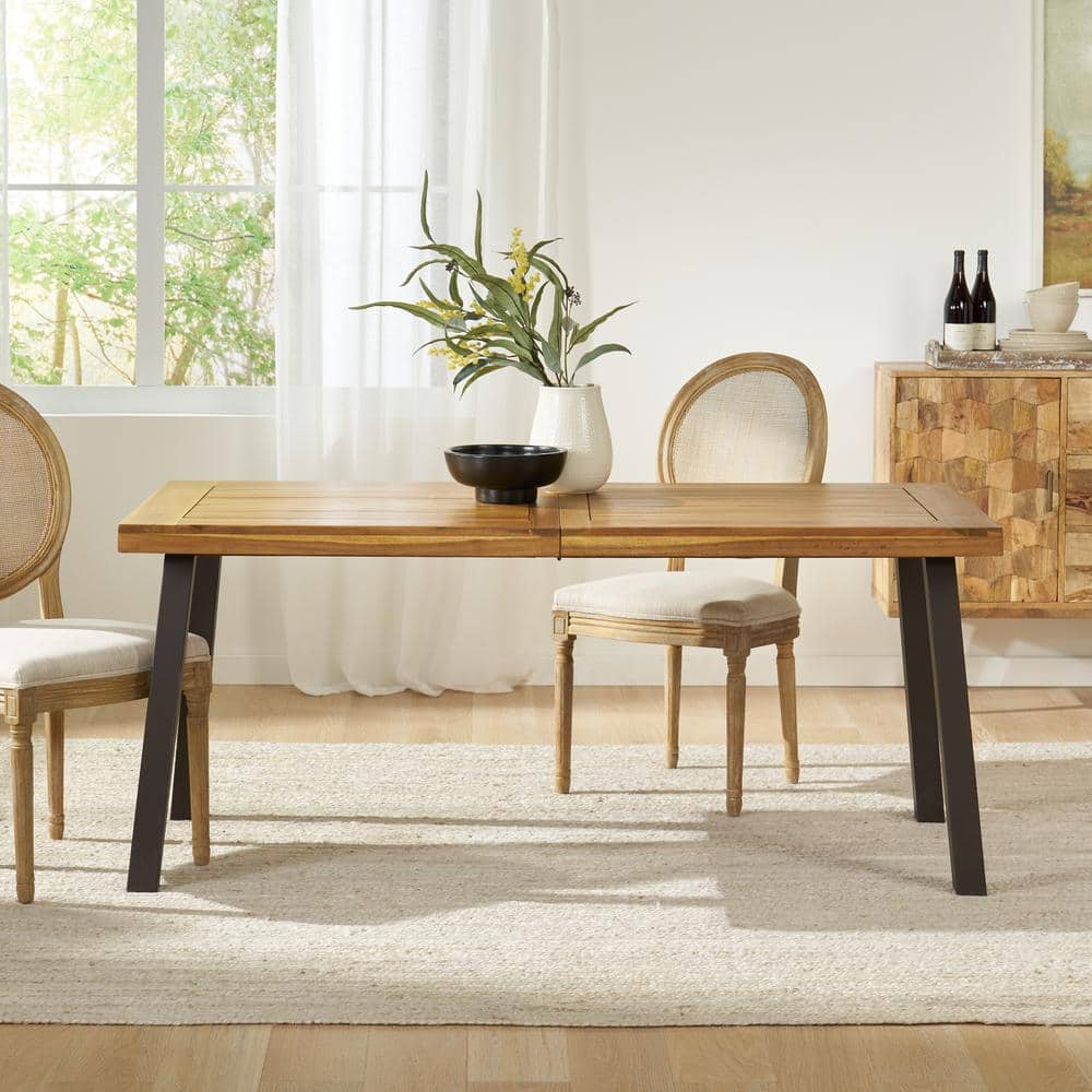 Rectangular Natural Acacia Wood Tabletop Outdoor Dining Table with Metal Le