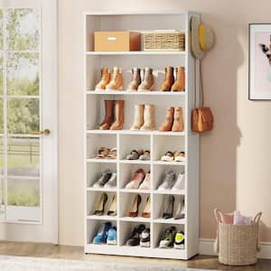 Lauren White Shoe Cabinet with Side Hooks, 24 Pair Freestanding Shoe Rack Storage Organizer for Hallway Closet Entryway