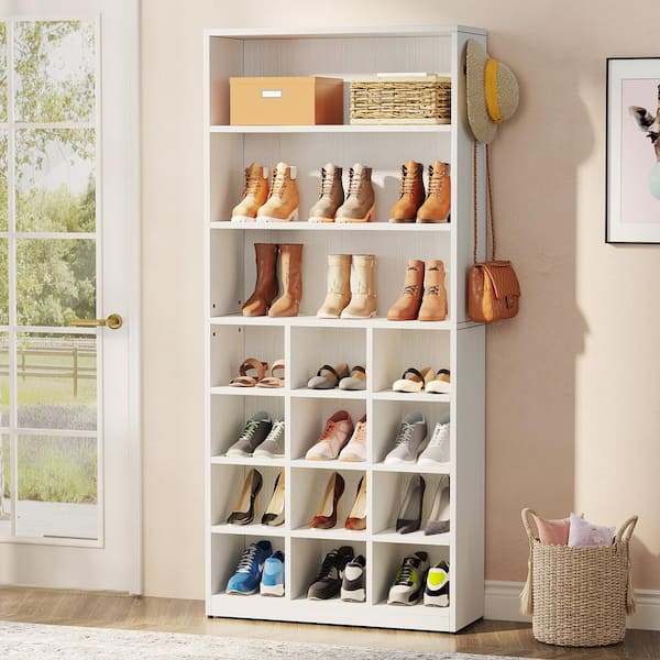 BYBLIGHT Lauren White Shoe Cabinet with Side Hooks, 24 Pair Freestanding Shoe Rack Storage Organizer for Hallway Closet Entryway