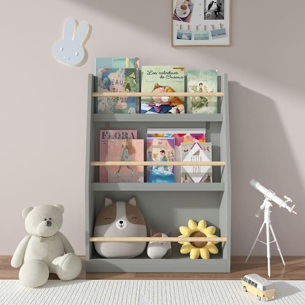 Mero 31.88 in. Tall Gray MDF Wood 3-Tier Freestanding Kids Bookcase with Open Shelves