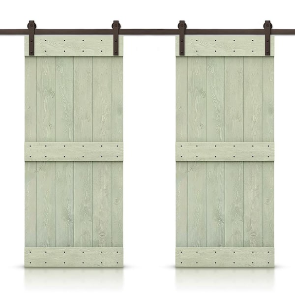 CALHOME 72 in. x 84 in. Mid-Bar Series Sage Green Stained Solid Pine Wood Interior Double Sliding Barn Door with Hardware Kit